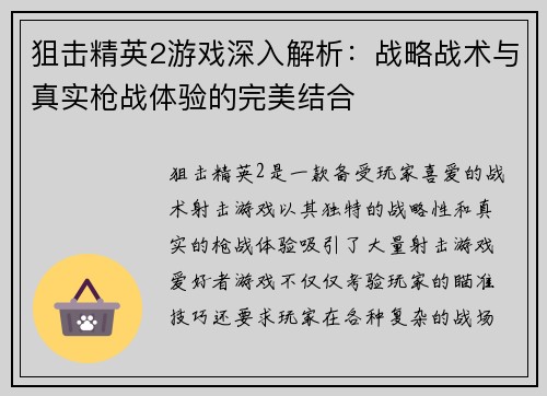 狙击精英2游戏深入解析：战略战术与真实枪战体验的完美结合